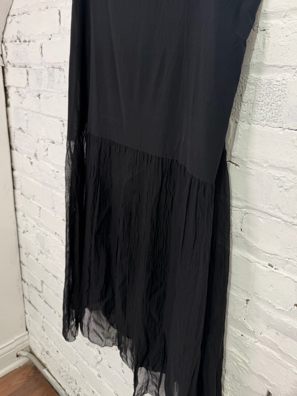 EILEEN FISHER Silk Georgette Black Gathered Sheer U-Neck Sleeveless Dress w Slip - Picture 8 of 11